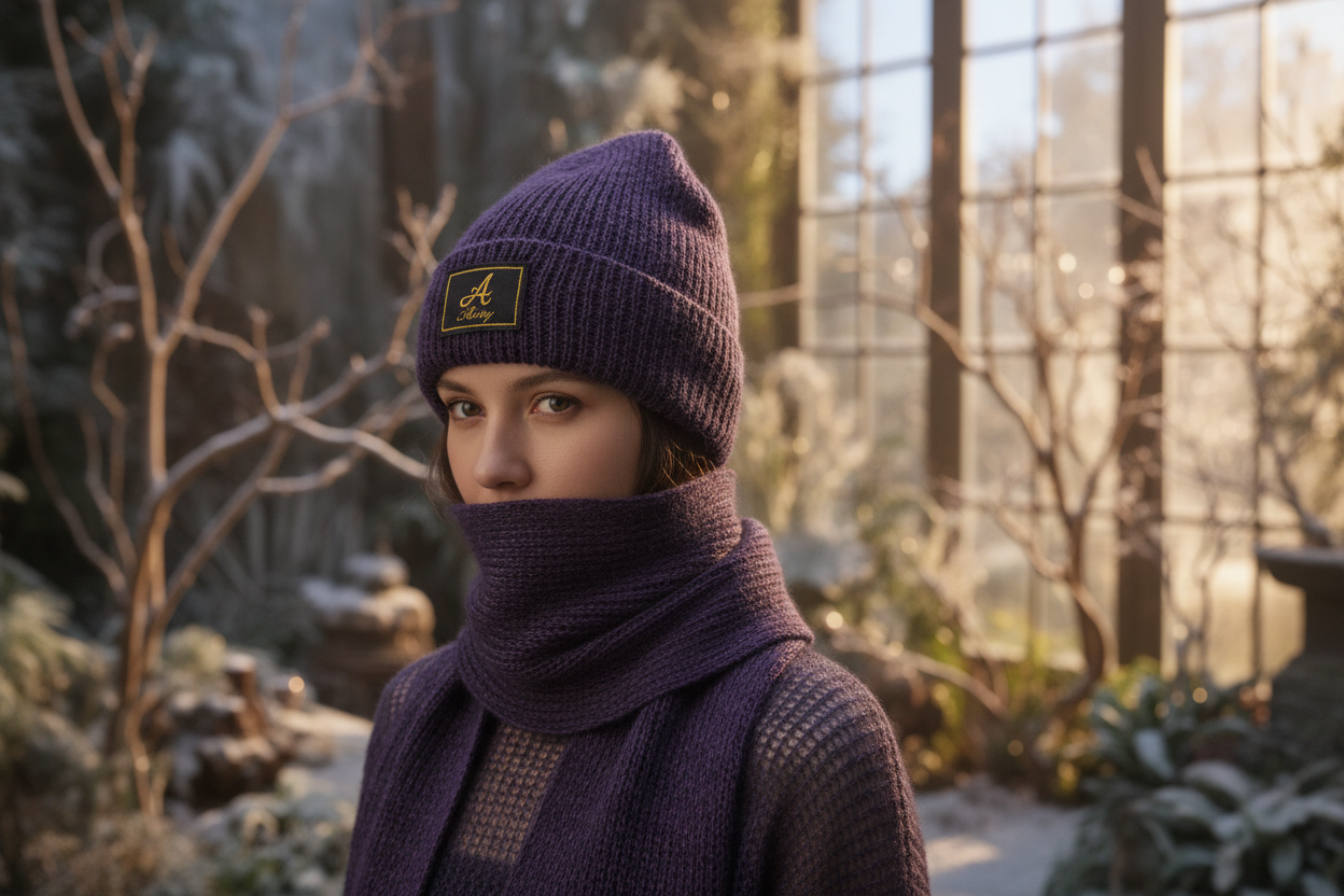 Image lifestyle Aciry - Bonnet et écharpe noirs/violets avec logo A doré